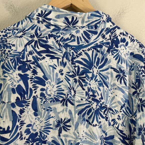 Cynthia Rowley Womens Plus 2X Blue White Floral 100% Linen Button Up Shirt - Picture 10 of 10